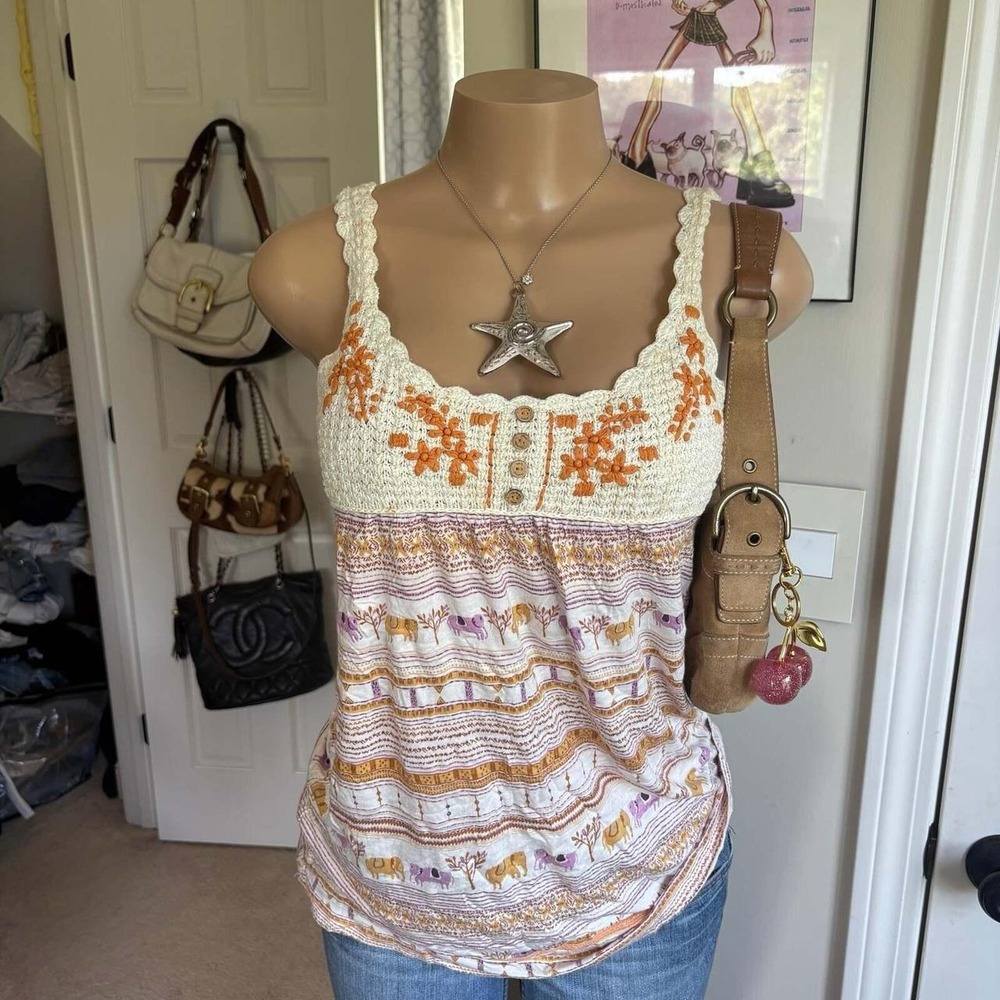 y2k 2000s avant garde crochet elephant boho babydoll tank top